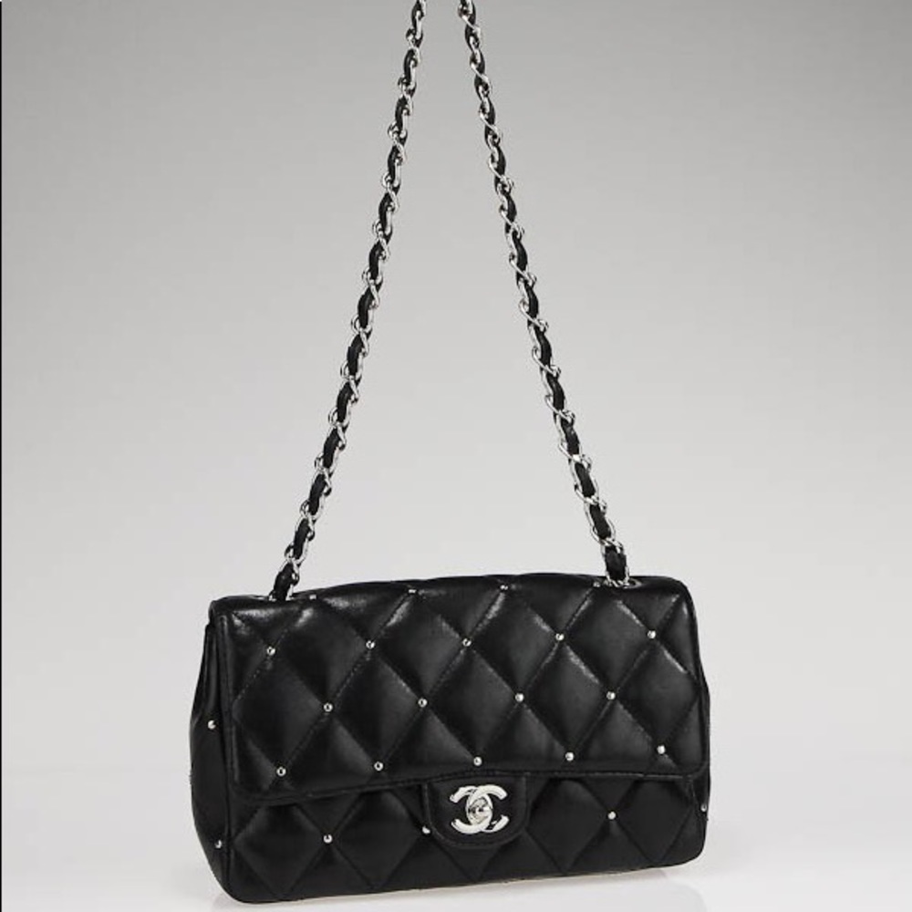 💯 AUTHENTIC CHANEL black quilted studded flap bag
